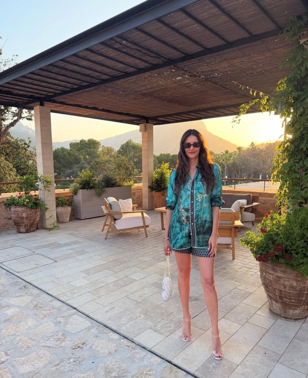 Nina Dobrev in Printed Shirt & Shorts on&nbsp;Instagram